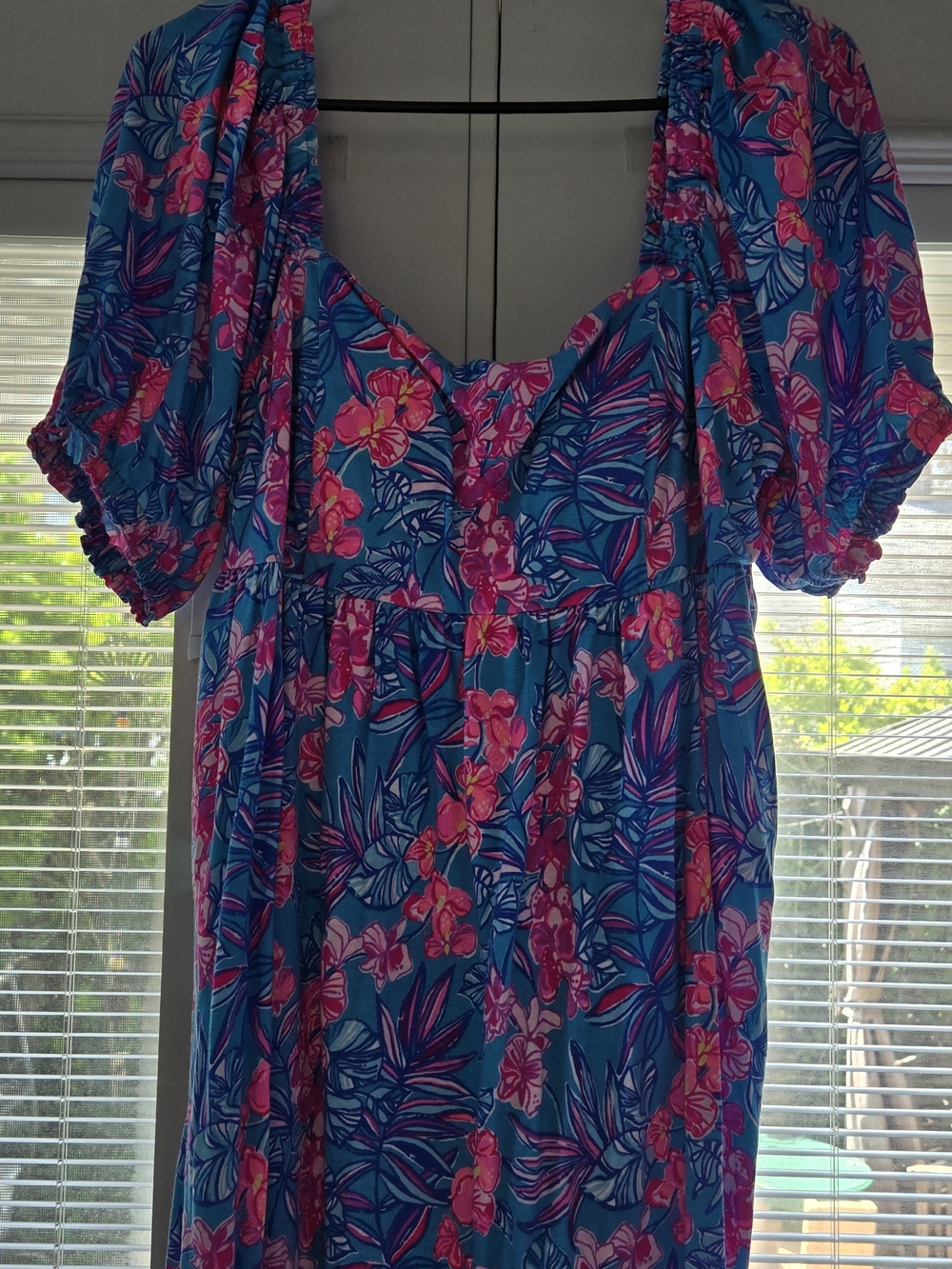 Lilly Pulitzer Blue Tropical Floral Puff-Sleeve Dress 14